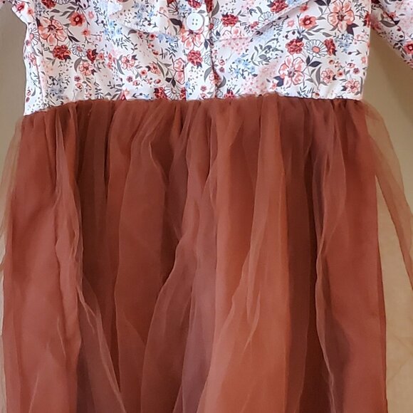 Tween Girls Floral Print Rust Tulle Dress with Woven Belt SZ 5Y - Picture 6 of 10